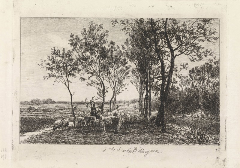 Landscape with Shepherd and flock of sheep, Julius Jacobus van de Sande Bakhuyzen, 1845 - 1925