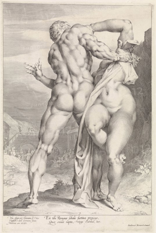 Rape of a Sabine woman, rear view, print maker: Jan Harmensz. Muller, Adriaen de Vries, Louis Renard, 1708 - 1711
