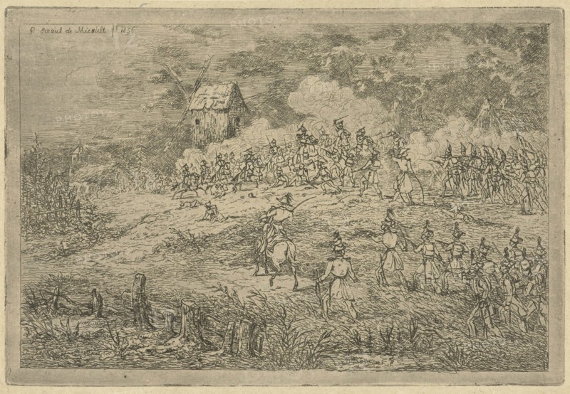 Battle between cavalry and infantry, print maker: Gerardus Emaus de Micault, 1856