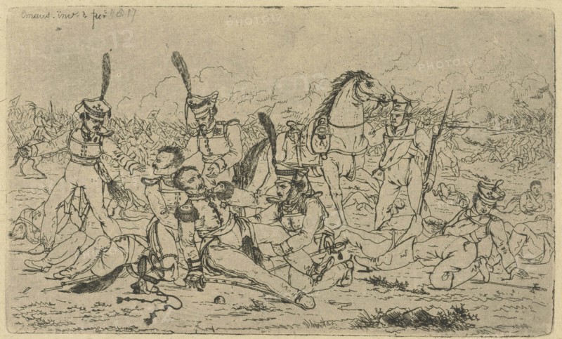 One of his horse fallen General is helped by his men, in the background is a battle going on, print maker: Gerardus Emaus de Micault (mentioned on object), Dating 1814 - 1863