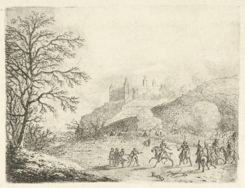 Cavalrymen at a tent camp at the bottom of a hill, in the background the fortress Ehrenbreitstein, on the east bank of the Rhine opposite the town of Koblenz Germany, print maker: Gerardus Emaus de Micault, Dating 1813 - 1863
