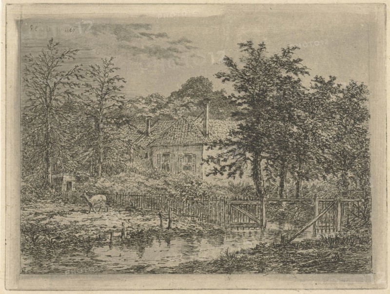 View of a house located between trees and shrubs, at the gate with a deer, print maker: Gerardus Emaus de Micault (mentioned on object), Dating 1860