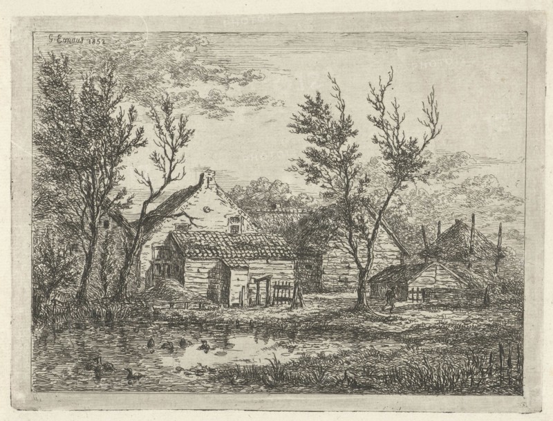 On a farm with several buildings and a haystack, a person walks near a tree, a pond with ducks, print maker: Gerardus Emaus de Micault (mentioned on object), Dating 1852
