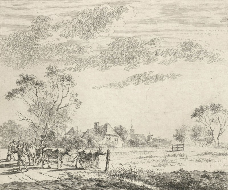 Landscape with farm and pasture, a path with two farmers who drive the cows to the pasture, a church and a mill, print maker: Johannes Janson, Dating 1783