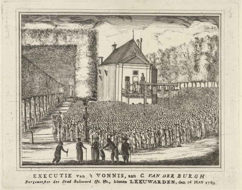 Execution of Cornelis van der Burg, Mayor of Bolsward, Leeuwarden on 16 May 1789, for the scaffold, a large mass of spectators, The Netherlands, print maker: Rienk Jelgerhuis, Dating 1789 - 1791