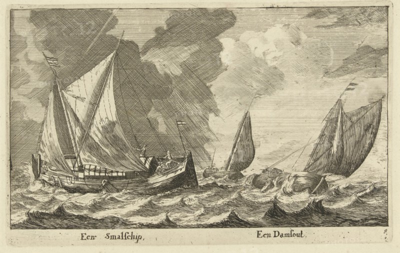 Two ships: a small ship and a Dam Runner, Anonymous, Reinier Nooms, 1652 - 1714