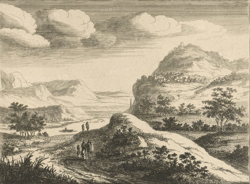 River landscape with village on a hill, Jan van Almeloveen, 1683