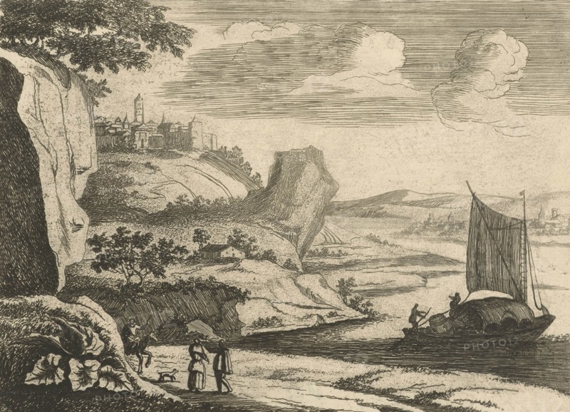 River landscape with sailing ship, Jan van Almeloveen, 1683