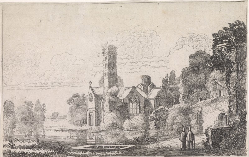 Two monks at an abbey in a river landscape, Jan van de Velde (II), 1603 - 1641