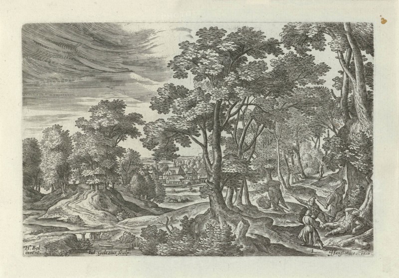 Landscape with robbery of the traveler, Julius Goltzius, J. Janssonius, c. 1560 - 1595