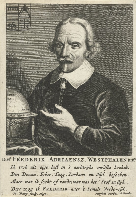 Portrait of Frederick Adriaensz. Westphalen at the age of 72, next to him a globe, in the upper left his weapon, under the portrait of a fresh four lines in Dutch by G. Brandt signed: Sursum Corda, print maker: Hendrik Bary (mentioned on object), Dating 1657 - 1707