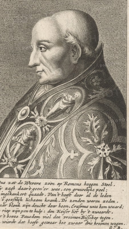 Portrait Bust of Pope Adrian VI with a richly ornamented robe, print maker: Hendrik Bary, Dating 1657 - 1707