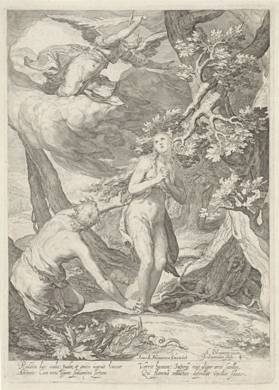 Adam and Eve are expelled by the angel with the flaming sword of the Earthly Paradise, besides them a crawling snake, print maker: Jan Saenredam (mentioned on object), Dating 1604 and/or 1690 - 1750