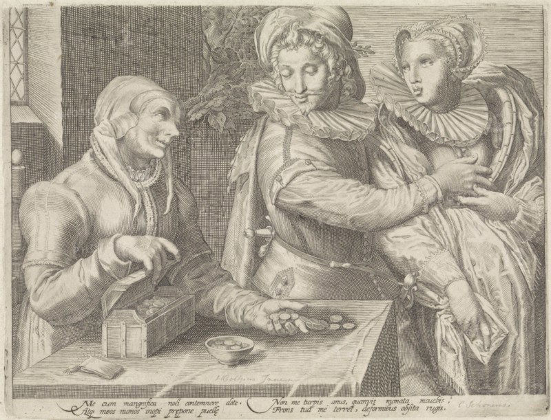 Young couple and an old woman with money box (Unequal love), Anonymous, Jan Saenredam, Hendrick Goltzius, 1589 - 1607