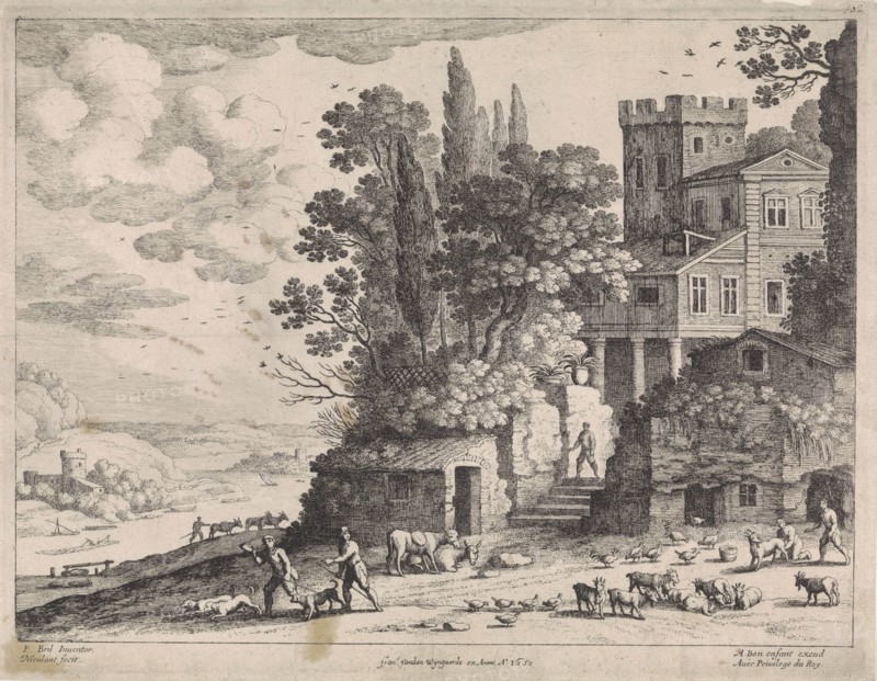 landscape with a house, figures and cattle, Willem van Nieulandt II, Frans van den Wijngaerde, Antoine Bonenfant, 1650