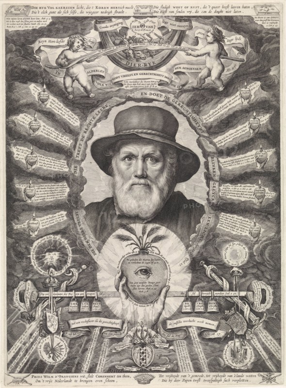 Portrait of Dirck Volckertsz Coornhert in allegorical frame, Theodor Matham, William II (Prince of Orange), 1647-1650