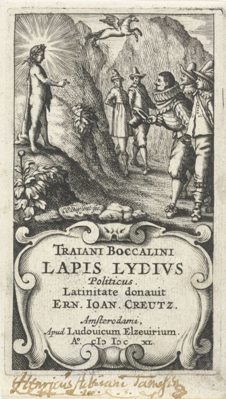 Three men bow to Apollo, Cornelis Claesz. Duysend, Lowijs Elzevier (III), 1640