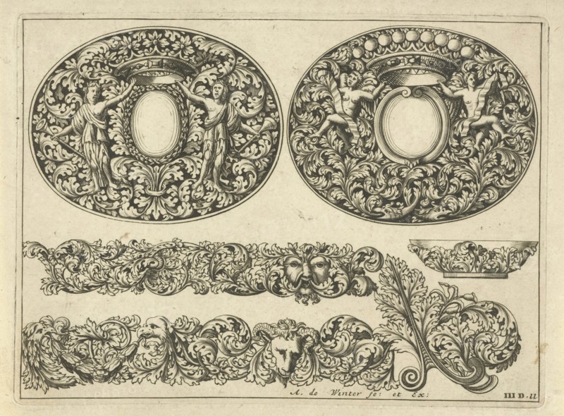 Two oval lids for boxes, two leafs, a small plate and a corner motif of leaf tendrils, Anthonie de Winter, Anonymous, 1696