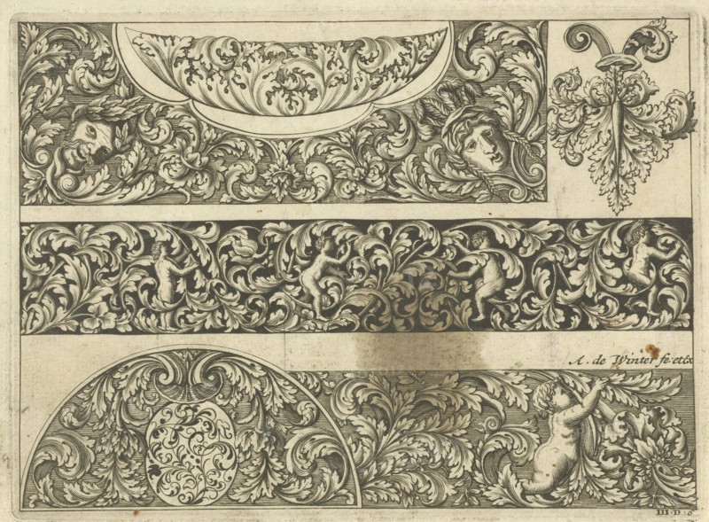 Three strips with foliate scrolls, masks and putti, Anthonie de Winter, Anonymous, 1696