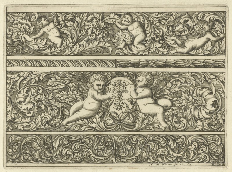 Three friezes with leaf tendrils, print maker: Anthonie de Winter, Anonymous, 1696