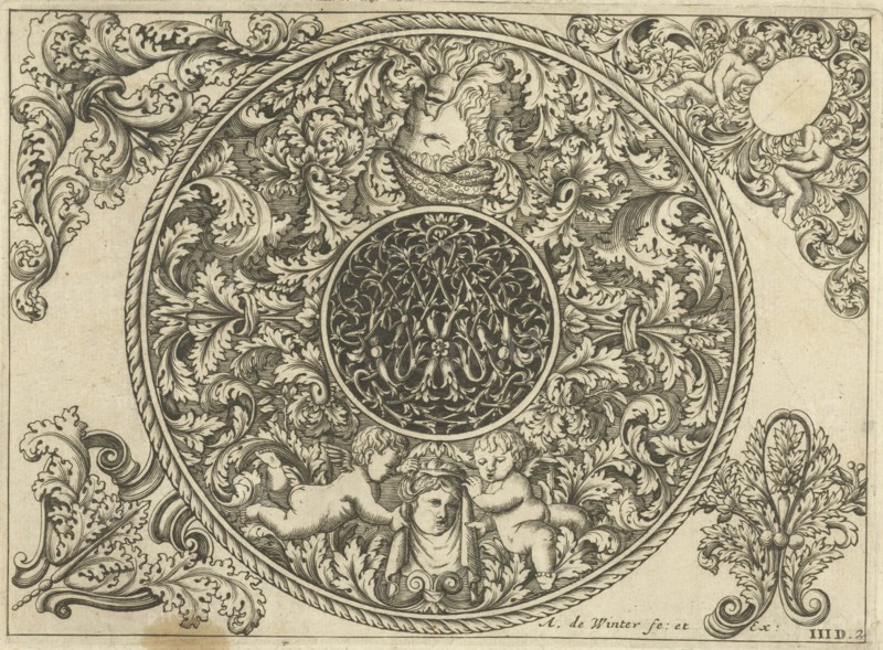 Edge of circular plate with leaf tendrils, masks and putti, Anthonie de Winter, C. de Moelder, 1696