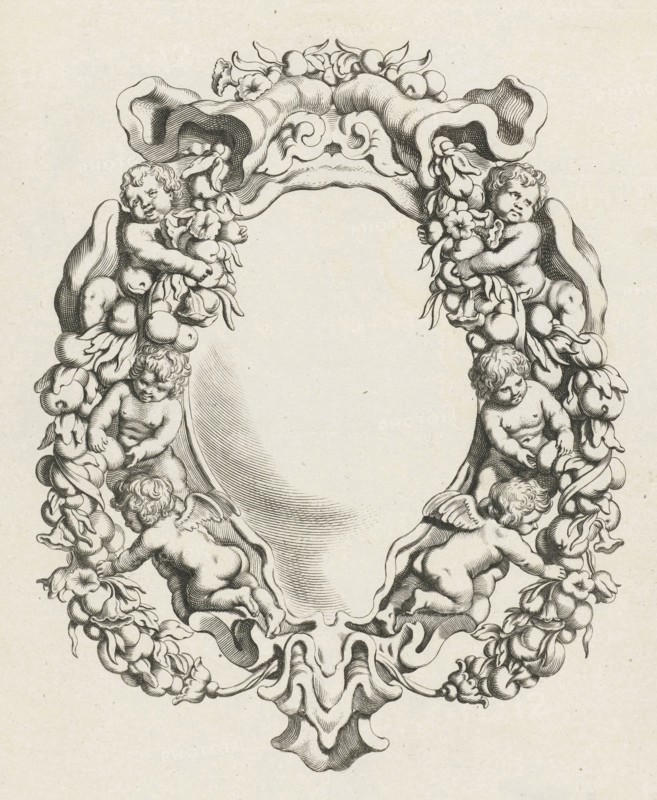 Cartouche with lobe ornament with four children and two angels, print maker: Michiel Mosijn, Gerbrand van den Eeckhout, Clement de Jonghe, 1640 - 1655