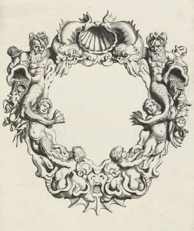Cartouche with lobe ornament, a top shell flanked by dolphins, print maker: Michiel Mosijn, Gerbrand van den Eeckhout, Clement de Jonghe, 1640 - 1655