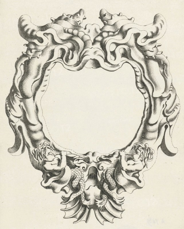 Cartouche with lobe ornament, down two sea gods, Michiel Mosijn, Gerbrand van den Eeckhout, Clement de Jonghe, 1640 - 1655