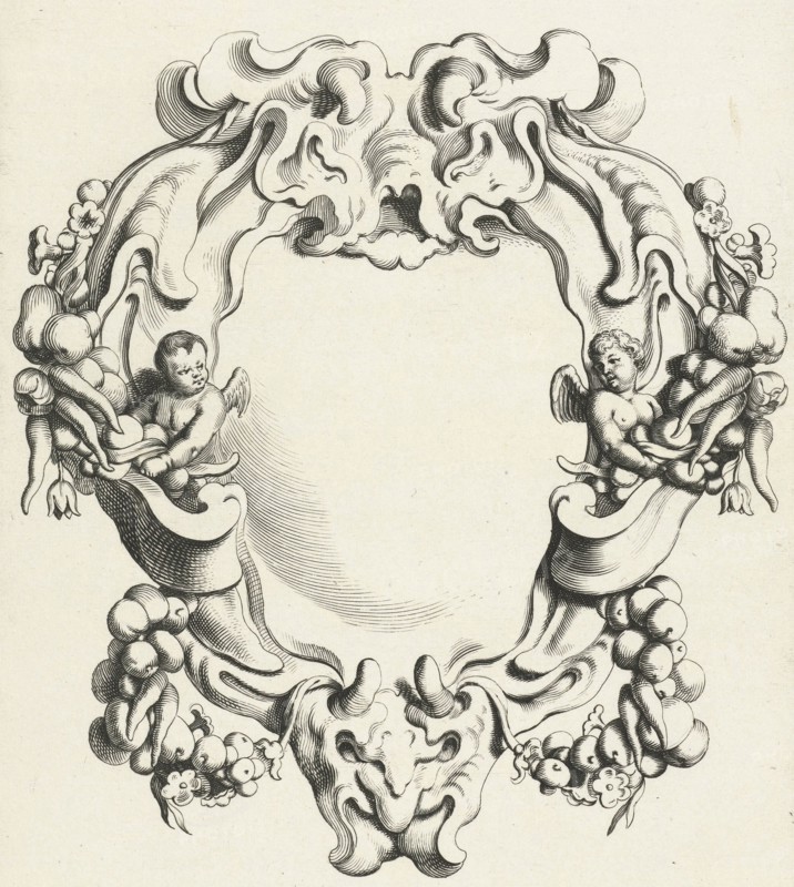 Cartouche with lobe ornament with two putti, print maker: Michiel Mosijn, Gerbrand van den Eeckhout, Clement de Jonghe, 1640 - 1655