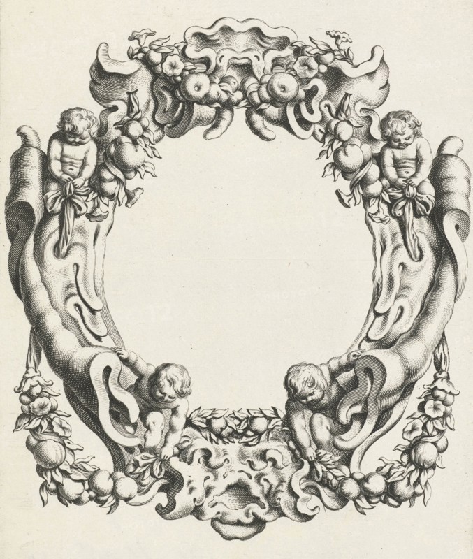 Cartouche with lobe ornament, above and below a mask, Michiel Mosijn, Gerbrand van den Eeckhout, Clement de Jonghe, 1640 - 1655