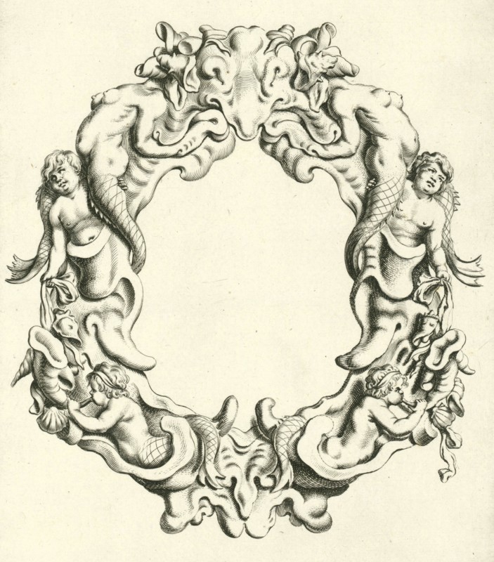 Both the lower right and left under a sea god blowing on a sea shell, print maker: Michiel Mosijn, Dating 1640 - 1655