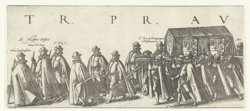 Coffin of the Prince of Orange, Messrs Andemfort, de Viery, Van der A, Jan de Bourgongne, De Froumont, Walraven, van Brederode and Jan de Merode, funeral procession of William of Orange, Delft August 3, 1584, print maker: Hendrick Goltzius, Dating 1584 and/or 1584 - 1638