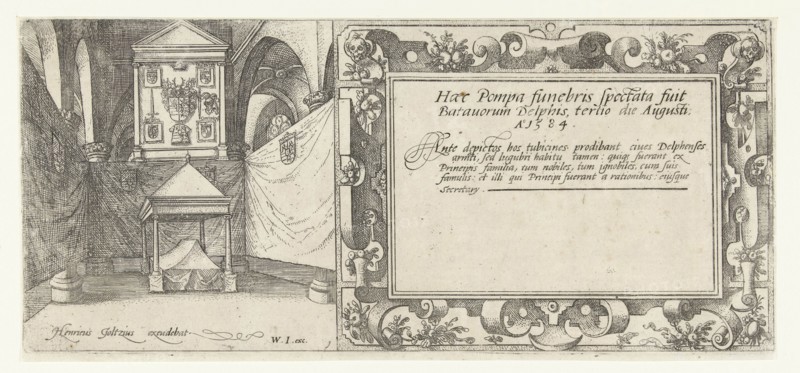 Engraving for the series of the funeral procession of William of Orange, page 1, Hendrick Goltzius, Willem Janszoon Blaeu, 1584