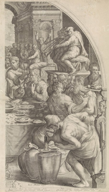Wedding at Cana, leaf right, print maker: Jacob Matham, Francesco Salviati, Simon Sovius, 1599 - 1603 and or 1678 - 1749