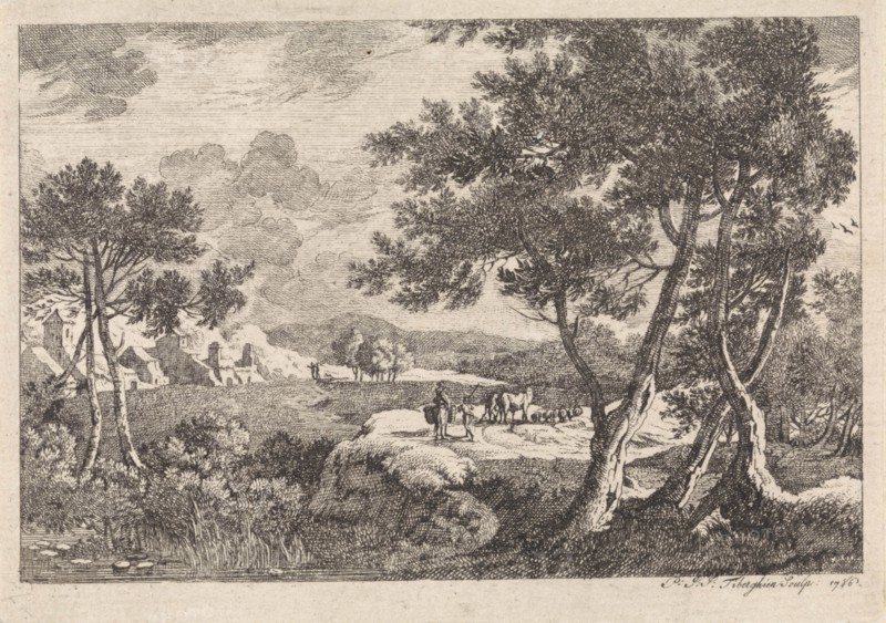 Landscape with trees in the foreground, print maker: Pierre Joseph Jacques Tiberghien, 1786