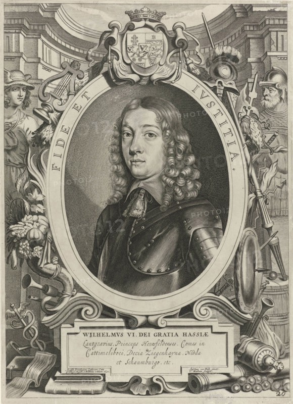 Portrait of William VI, Landgrave of Hesse-Kassel, in an allegorical frame, Mercury and attributes including winch, caduceus and cornucopia, a second allegorical figure (Jupiter?) With attributes like war lance, shield, helmet and a thunderbolt, print maker: Theodor Matham (mentioned on object), Dating 1652 and/or 1717