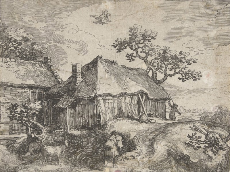 Landscape with farm and rape of Ganymede, print maker: BoÃ«tius Adamsz. Bolswert, Abraham Bloemaert, 1612 - 1614