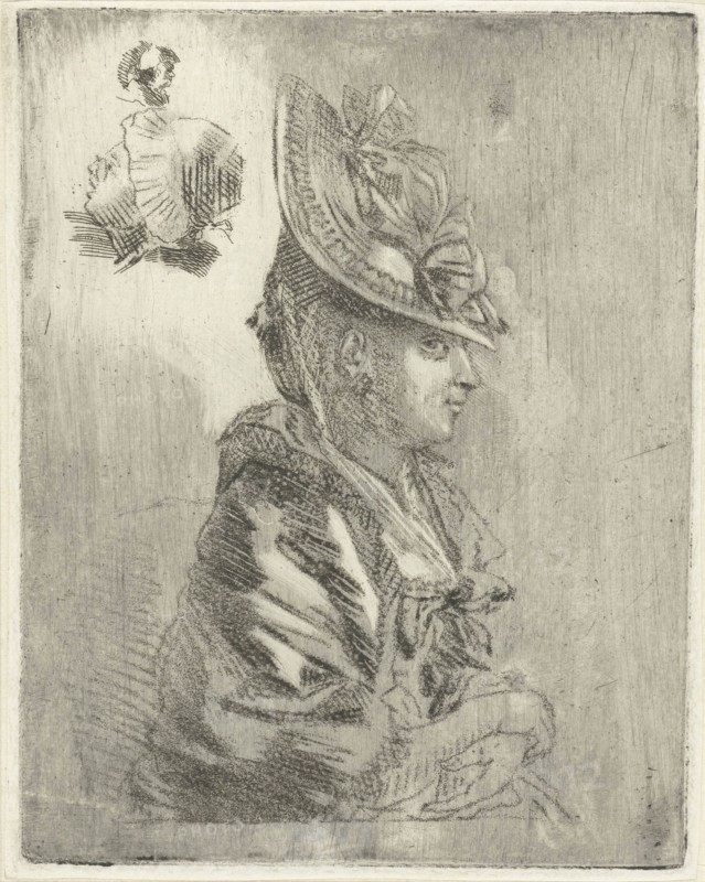 Study Sheet with the portrait of a young woman with hat and two smaller portraits, Louis Bernard Coclers, 1756-1871