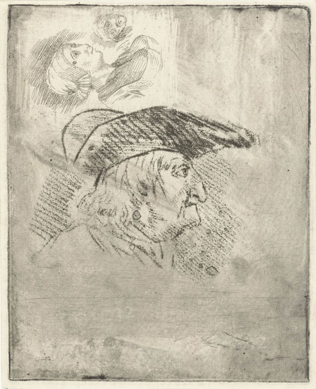 Study Sheet mans head with hat and woman with cap, print maker: Louis Bernard Coclers, 1756 - 1817