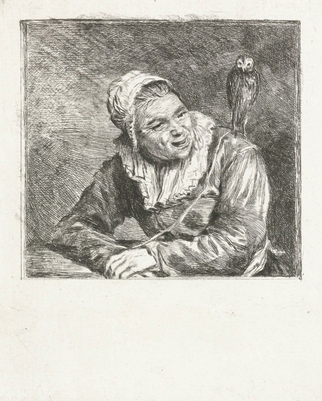 Portrait Bust of a smiling old woman with white cap and collar, on her shoulder is an owl, print maker: Louis Bernard Coclers, Dating 1756 - 1817