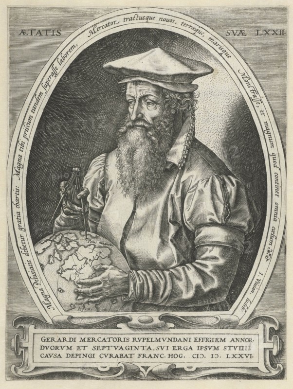 Portrait of Gerardus Mercator, print maker: Hendrick Goltzius attributed to, Frans Hogenberg, Johannes Vivianus, 1576