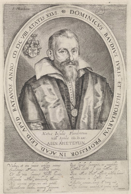 Portrait of Dominicus Baudius, Jacob Matham, Johannes Woverius, 1608