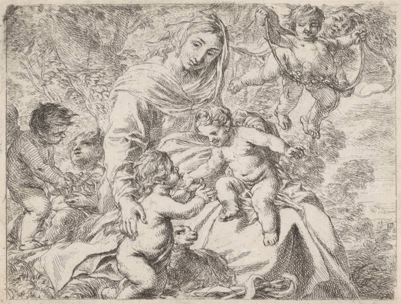 In a landscape is Mary with the Christ Child on her lap, her other hand rests on the back of the young John the Baptist, who extends his hands towards the smiling Christ child, flanked by two putti, print maker: Cornelis Schut (I) (mentioned on object), Dating 1618 - 1655