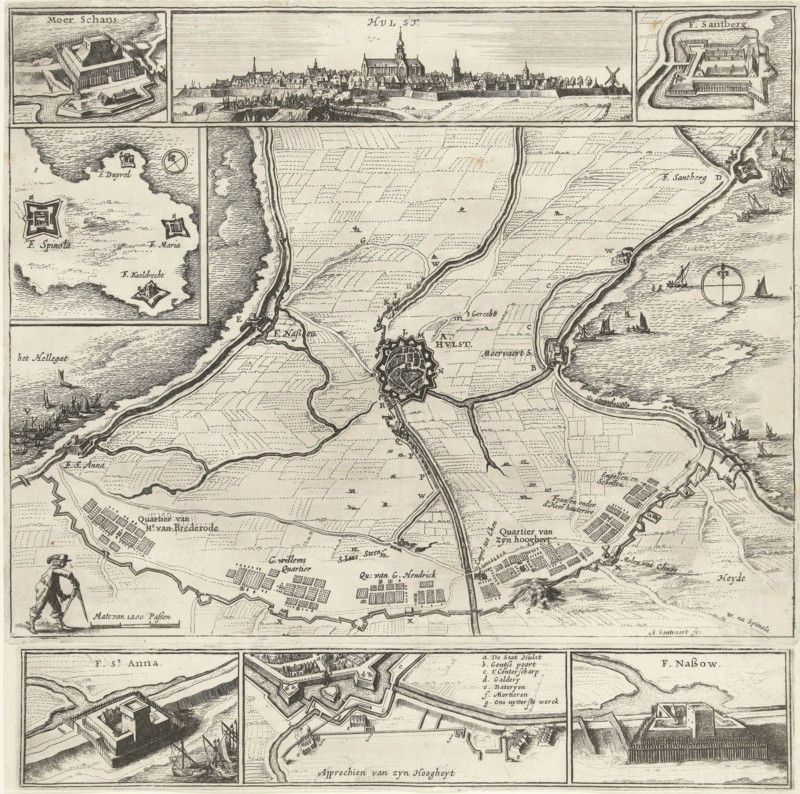 Siege and conquest of Hulst by the military forces under Frederik Hendrik of 28 September and 5 November 1645, a central plan of Hulst and the surrounding land with the encirclement and military camps of the besiegers, print maker: Abraham Dircksz Santvoort (mentioned on object), Dating 1645