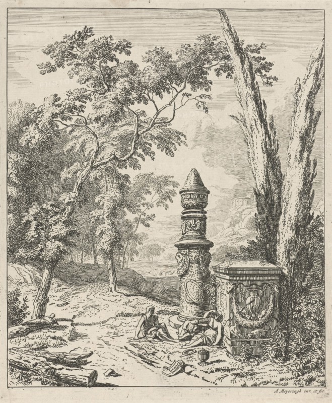 Landscape with figures resting in a tomb, print maker: Albert Meyeringh, 1695 - 1714