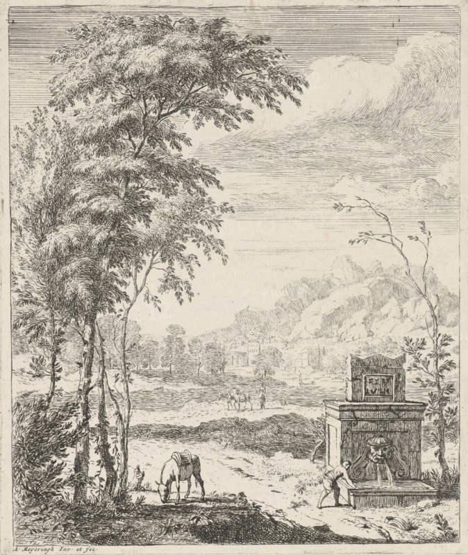 Landscape with a fountain and a donkey, Albert Meyeringh, 1695 - 1714