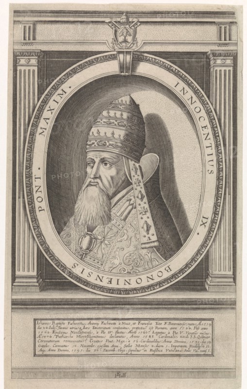 Portrait of Pope Innocent IX dressed in papal robes, the head adorned with the papal tiara, bust left in an oval frame with inscription and depicted his papal coat of arms, print maker: Friedrich van Hulsen (mentioned on object), Dating 1590 - 1665