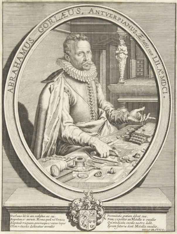Portrait of Abraham Gorlaeus at the age of 52, print maker: Anonymous, Jacob de Gheyn II, Hugo de Groot, 1675 - 1700