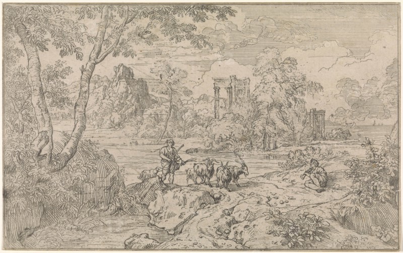 Arcadian landscape with a goatherd. print maker: Abraham Genoels, 1650 - 1723