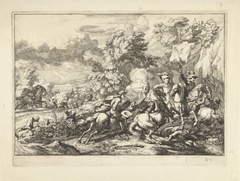 In a rocky landscape compete six horsemans, one of them has fallen to the ground, in the background, more battles, print maker: Hugo Allard (attributed to), Dating 1630 - 1684